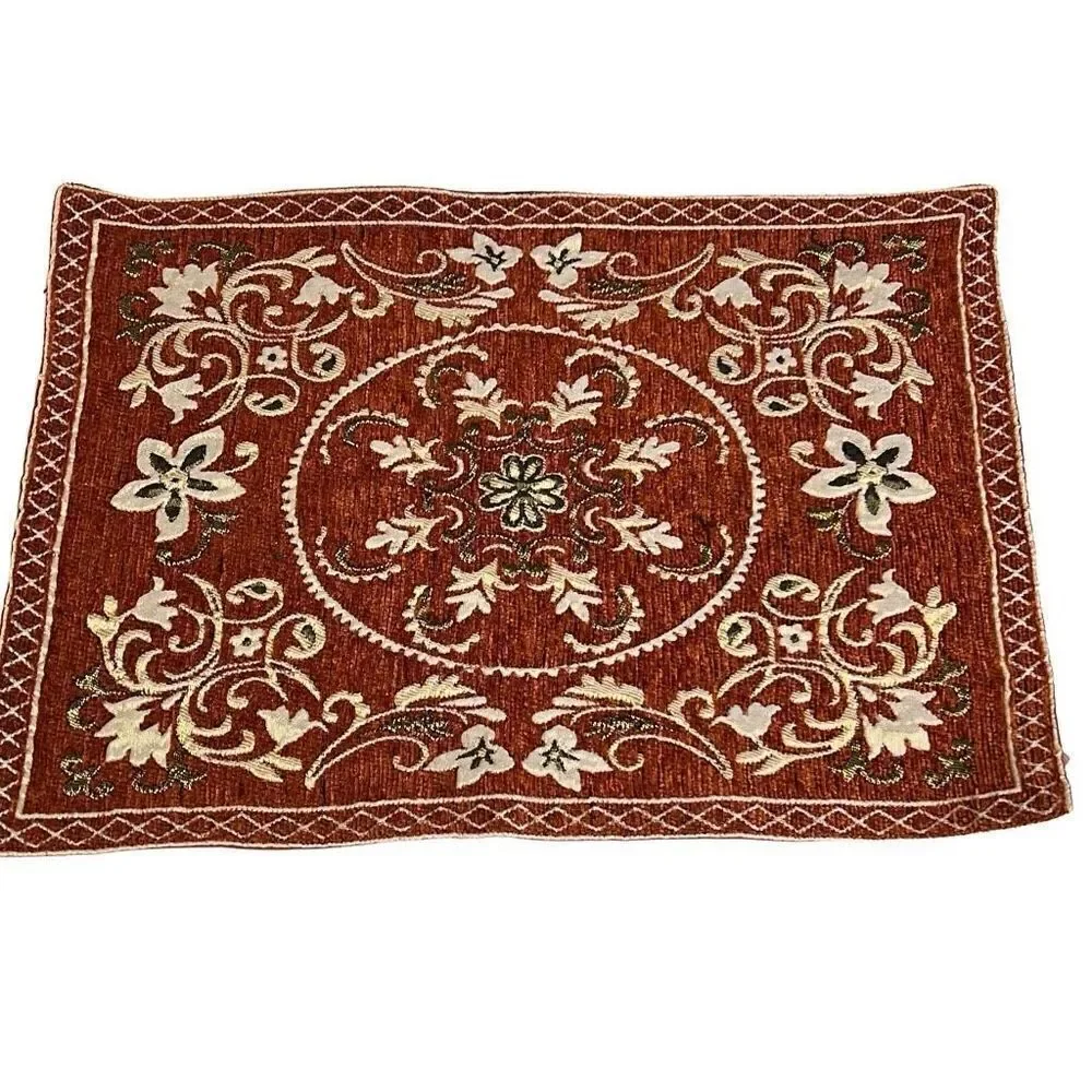 Rust White Floral Embroidery Polyblend Set of 6 Dining Placemats 17.5x12
